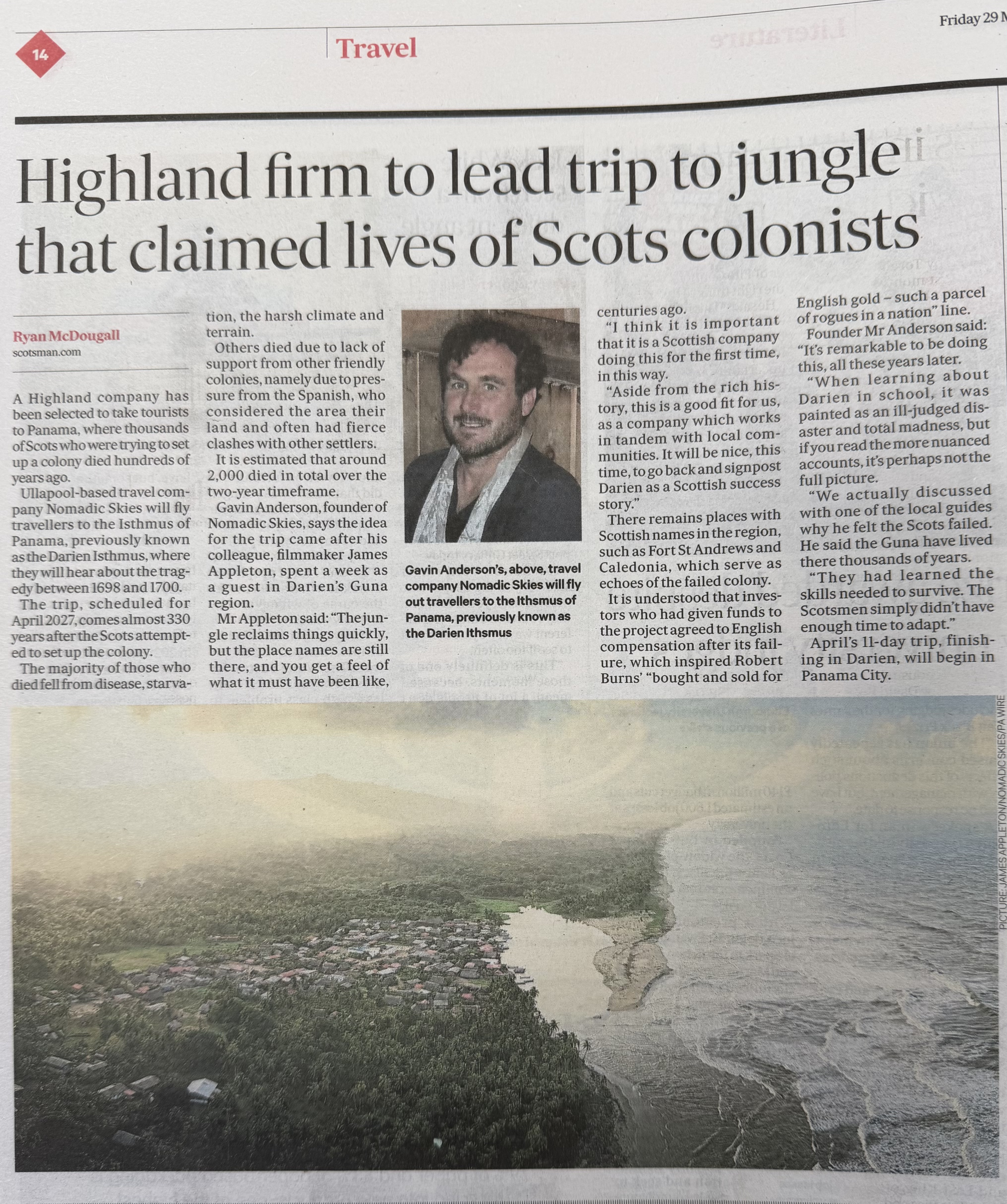 The Scotsman newspaper reports on Heartland Media and PR Highlands clients, Nomadic Skies, returning to Darien
